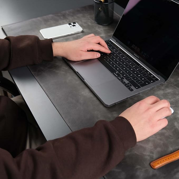 TORONATA Jersey Genuine Calfskin Leather Desk Pad, Office Desk Mat with Non-Slip Bottom, Smooth Surface for Mouse & Keyboard, Desk Protector (14.6x31.5 inches) (Gray)