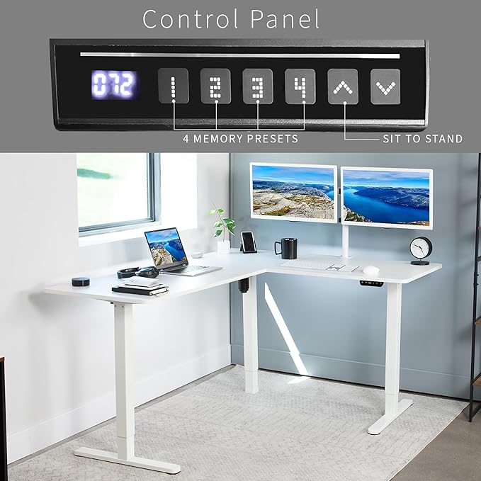 VIVO Electric Corner 63 x 55 inch L-Shaped Standing Desk, Memory Height Adjustment, White Top White Frame, DESK-E3CTW