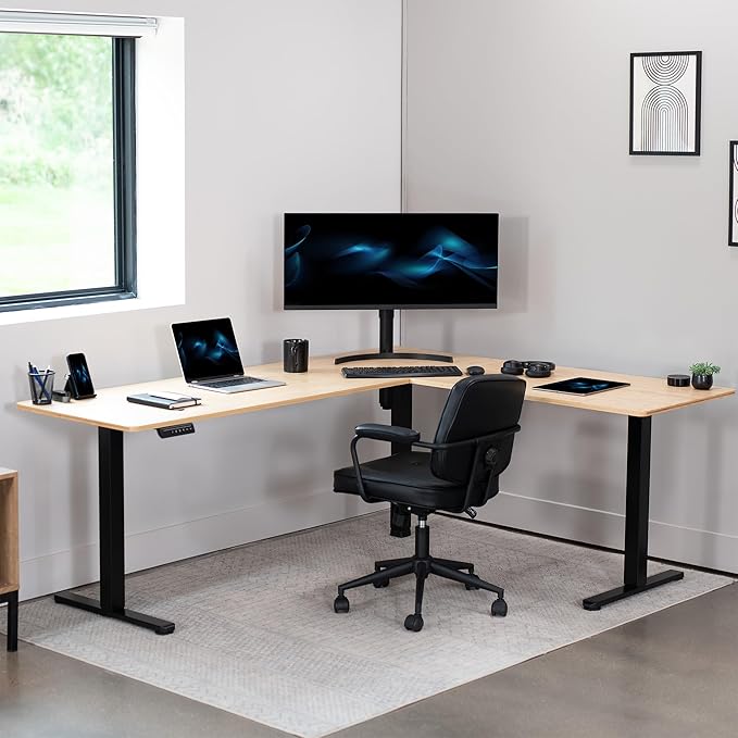 VIVO Electric Corner 75 x 63 inch L-Shaped Standing Desk, Memory Height Adjustment, Real Bamboo Top Black Frame, DESK-E3CTBO-75
