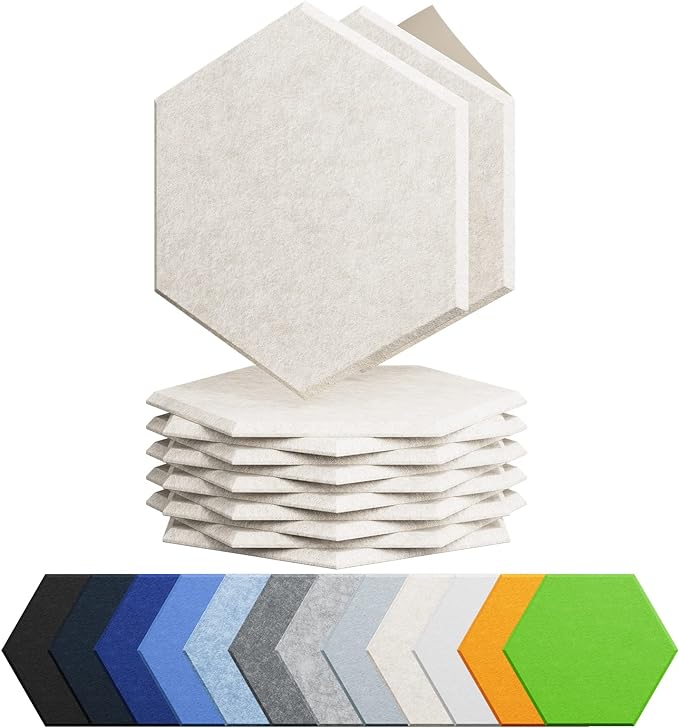 Amantech 12 Pack Acoustic Panels Self Adhesive Sound Proof Foam, High Density Sound Acoustic Foam Panel, 12X10.23X0.4 Inch Hexagon Wall Panels in Home,Office,Reccording Room,Studio(Beige)