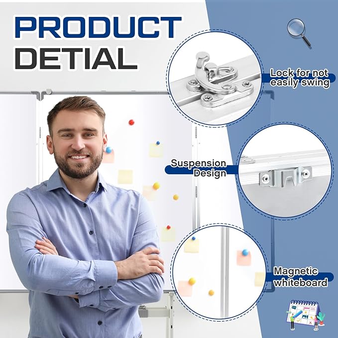 40" x 60" Rolling Whiteboard Foldable Dry Erase Board with Stand, Large Tri Folding Whiteboard Magnetic Dry Erase Board, Wall Aluminium Frame and Pen Tray for Education Office Home