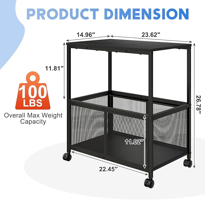 Sbanmao Rolling File Cart, Mobile Hanging File Cabinet with Wheels, Filing Cabinet Organizer Printer Stand File Organizer File Cabinet for Home Office, Black (120~150 Letter-Size Files)