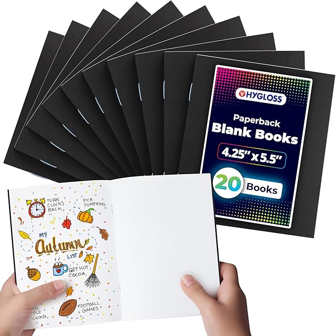 Hygloss Blank Books - Bulk 20 Pack – 4.25" x 5.5" A6 Black Paperback Blank Books for Kids to Write Stories, Doodle, Arts & Crafts – Plain Drawing Sketchbook, Unlined Journal, Notebook Without Lines