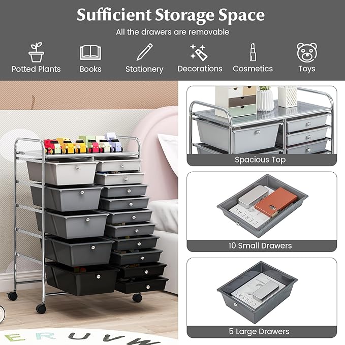 COSTWAY 15 Drawers Storage Cart, Multipurpose Rolling Utility Cart on Wheels w/Lockable Wheels & Removable Drawers, Mobile Tools Scrapbook Paper Organizer Cart for Office School Home, Mixed Black