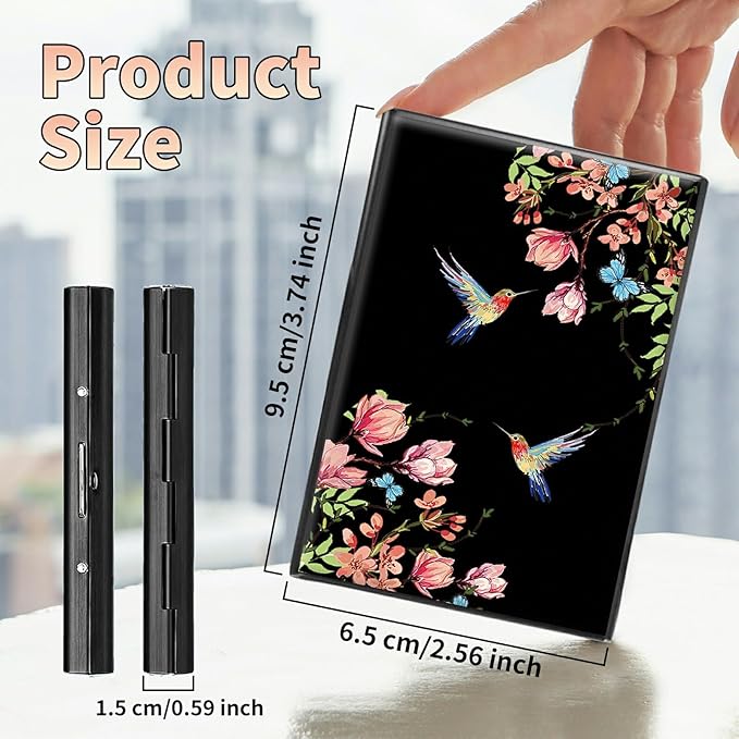 BWEGRHE Slim Credit Card Holder, Hummingbird Floral Sakura RFID Blocking Metal Wallet for Men & Women, Aluminum Minimalist Hard Case Pocket-Sized Business Cards Organizer (Fits Up to 10 Cards)