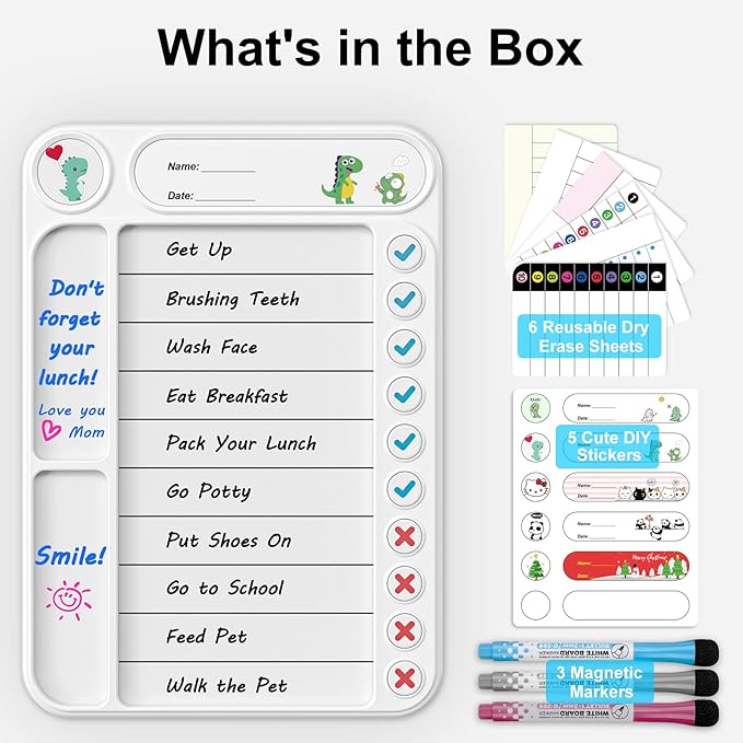 Magnetic Chore Chart for Kids, ADHD Task Tracker Easy-Check Routine Dry Erase Board, to-Do List Planning Tool with Stand for Fridge/Desk/Home/School, 6 Reusable Sheets, 3 Markers