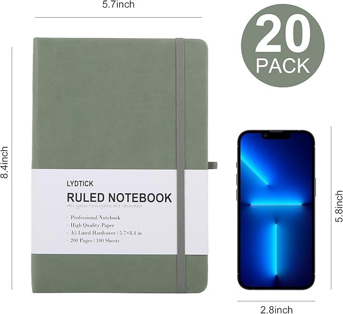 LYDTICK 20 Pack Journals for Writing College Ruled Notebooks Journal in Bulk, Hardcover Notebooks (200Pages) for Note Talking, Lined Bullet Journals for Home School Office, 5.7"x8.4", Olive Green