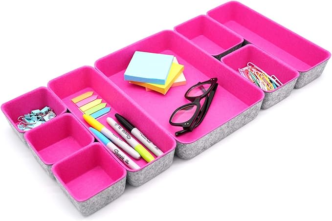 Welaxy Desk Drawer Organizer Tray Set, 8-Piece Office Drawer Organizers for Pens, Makeup, Keys, Crafts, Entryway Catchall, Decluttering Storage (Hot Pink)