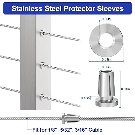 BLIKA Upgraded 40 Pack Stainless Steel Protector Sleeves for 1/8" 5/32" or 3/16" Deck Cable Railing, for Metal Posts, T316 Marine Grade, Cable Railing Protector Sleeves