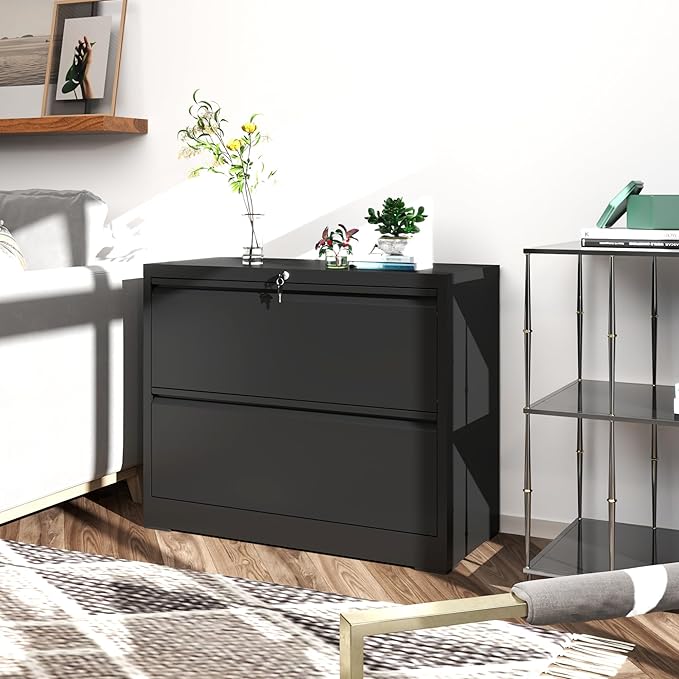 FLIXELIO File Cabinets 2 Drawer,Metal Office Storage Filing Cabinet with Lock,Black Lateral Filing Cabinet for Home Office,Horizontal 2-Drawer File Cabinets for Legal/Letter/A4,Assembly Require,Black