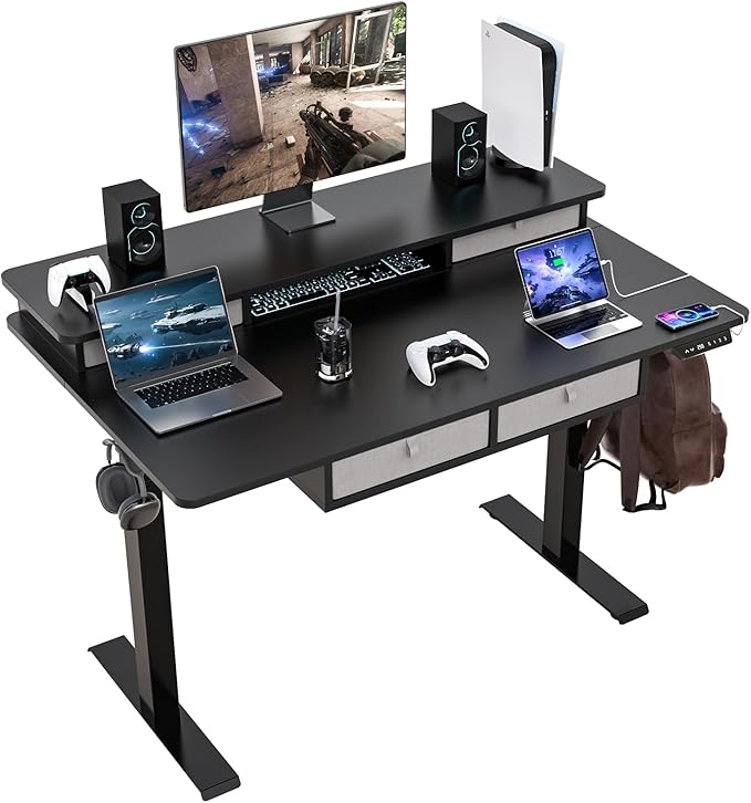 ExaDesk 48 * 30 Inches Electric Standing Widened Desk Adjustable Height with 4 Drawers, Double Storage Shelves, Home Office Workstation Sit Stand up Desk (Classical Black)