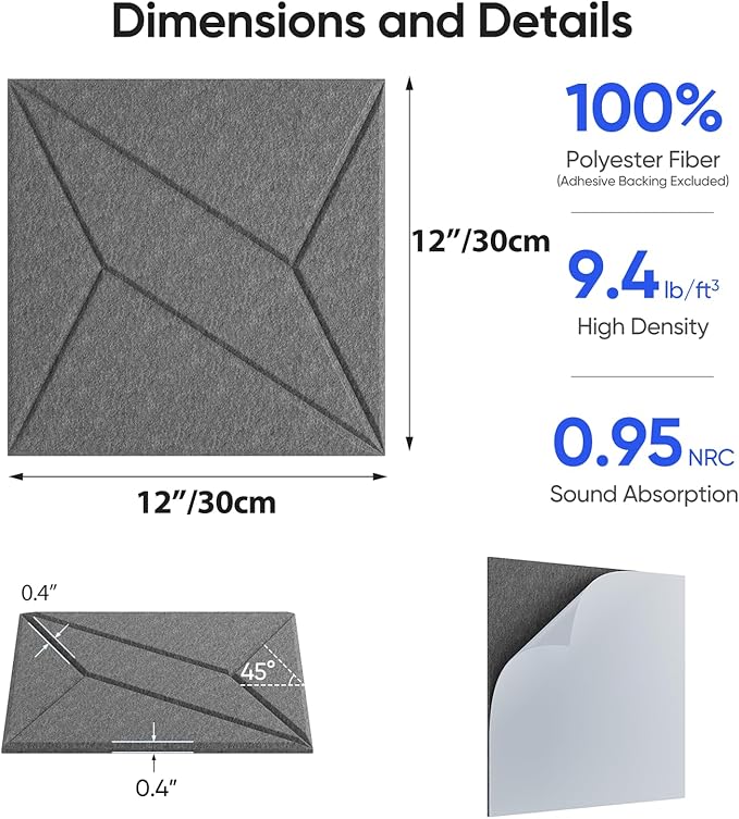 UNECHO 12 Pack 12" X 12" X 0.4" Acoustic Panels for Wall Sound Absorbing, P-Stripes Square Self-Adhesive Sound Panels, High Density Suitable for Multiple Scenarios(MoonLight Gray)