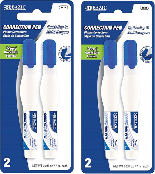 BAZIC Products Correction Pen - Corrections Fluid, Precise Metal Tip White Out, Ideal for School & Office Supplies, Alternative to Correction Solution, 2/Pack, 2-Packs