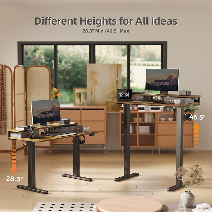 Claiks Electric Standing Desk with 2 Drawers, Adjustable Standing Desks with Storage, Height Adjustable Stand up Desk for Home Office with 2 Hooks,48 Inch Ruist Brown