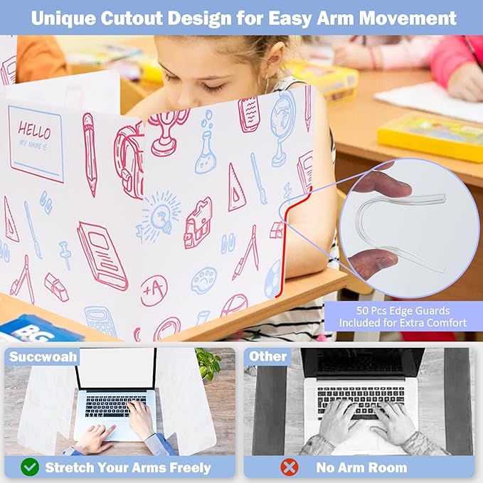 Succwoah 25-Pack Desk Dividers for Students with Privacy Shields, Ergonomic Arms Cutouts & Erasable Name Frames - Waterproof & Easy-to-Clean Test Dividers for Classroom, Exams, Office (White)