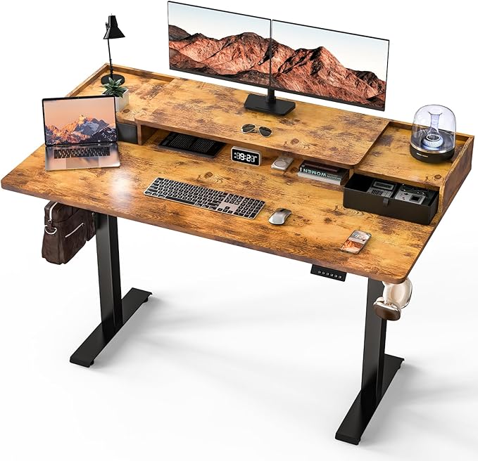 Kingant 63 x 30 Inch Electric Standing Desk with Dual Drawers, Adjustable Height Computer Desk for Home Office, Large Workstation Sit Stand Up Desk with Built-in Storage Shelf, Rustic Brown