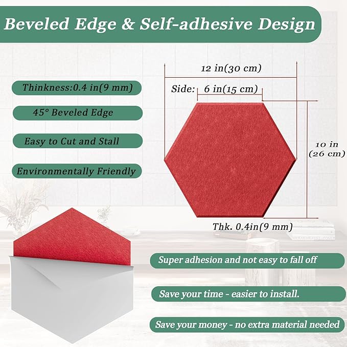 Hexagonal Acoustic Panels-12 Pack High-Density Sound Absorbing Panels 12"X10"X0.4" for Enhanced Noise Reduction, DIY Design, Idea for Studios, Offices, and Home Theaters(Cherry Red)