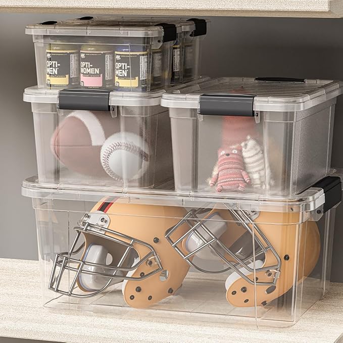 Superio Clear Storage Boxes with Lids, 4.7 Quart Plastic Container Bins for Organizing, Stackable Crates, BPA Free, Non Toxic, Odor Free, Organizers for Home, Office and Dorm, 4 Pack