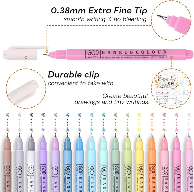 HANKU 0.38mm Fine Point Pen,16 Pack Colored Fineliner Bible Pens No Bleed Through,Extra Fine Tip Marker Pens for Bullet Journaling,Planner,Coloring,Bible Study Back to School Office Supplies