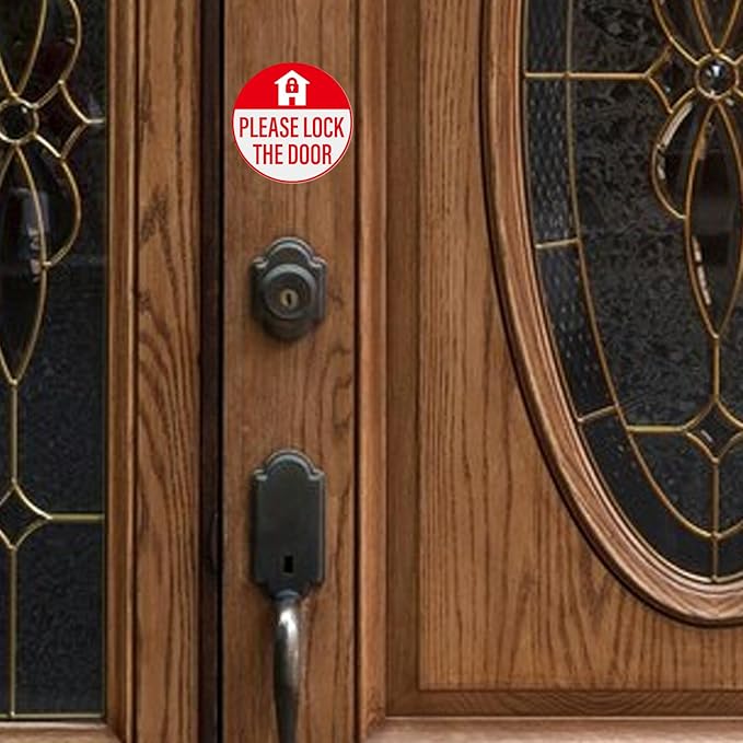 YIKIADA Please Lock The Door Sticker 3 × 3 Inches Vinyl Self-Adhesive Decals Waterproof Close Door Warning Labels Gate Office Window Indoor Clings 10 Pack