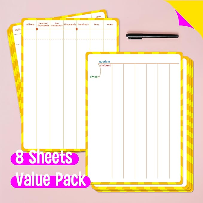 8 Packs Division Whiteboards, Double Sided Dry Erase Board Writable and Erasable Math Learning White Board for Kids, Students, Classroom and Home (Each Measures 12” x 9”)