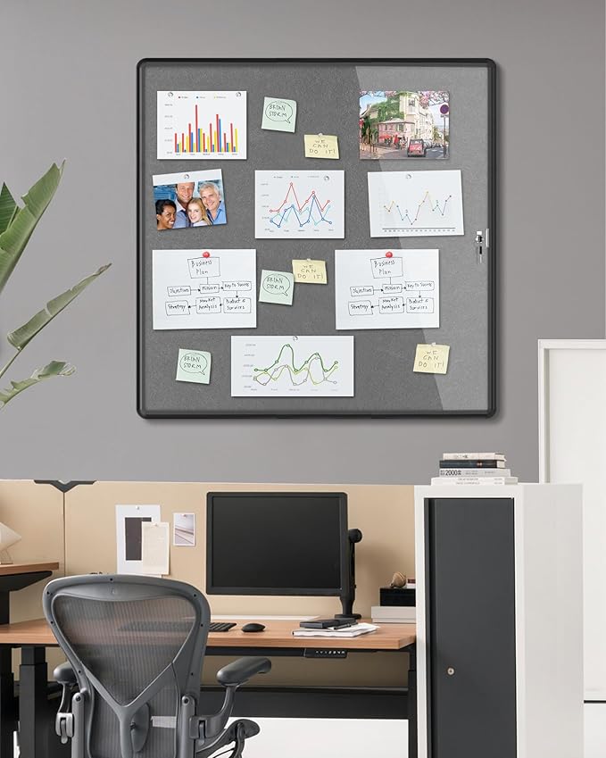 Mifuro 38"x38" Enclosed Bulletin Board, Lockable Weather-Resistant Aluminum Cork Noticeboard for School & Office, Black Frame w/Grey Flet