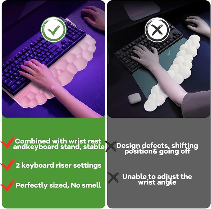 Wrist Rest with Keyboard Stand, Ergonomic Computer Wrist Support Pad, Cloud Keyboard Riser Holder with Wrist Pad, Memory Foam Desk Cushion, Palm Hand Typing for Office Home School-Pink