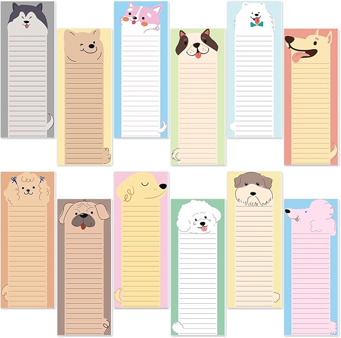 Gersoniel 12 Packs Magnetic Notepads for Refrigerator Monthly Grocery Magnetic List Set to Do List Pads Back Memo Notepad 9 x 3.5 Inches for Fridge Kitchen Shopping Grocery(Vivid Color,Dog)
