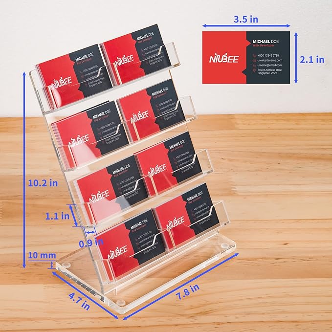 NIUBEE Acrylic Business Card Holder 8 Slots - Double Capacity Business Card Stand for Desk, 4 Tier Clear Gift Card Display for Office, Event, Exhibition