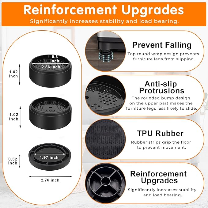 Furniture Risers Bed Risers Heavy Duty 1 inch, 2 inch, 3 inch, 4 inch Round Adjustable Bed Lifts Riser for Desk Legs Table Couch Sofa Chair Refrigerator Washing Machine (1+1+1 Inch, Black, 8 Pack )