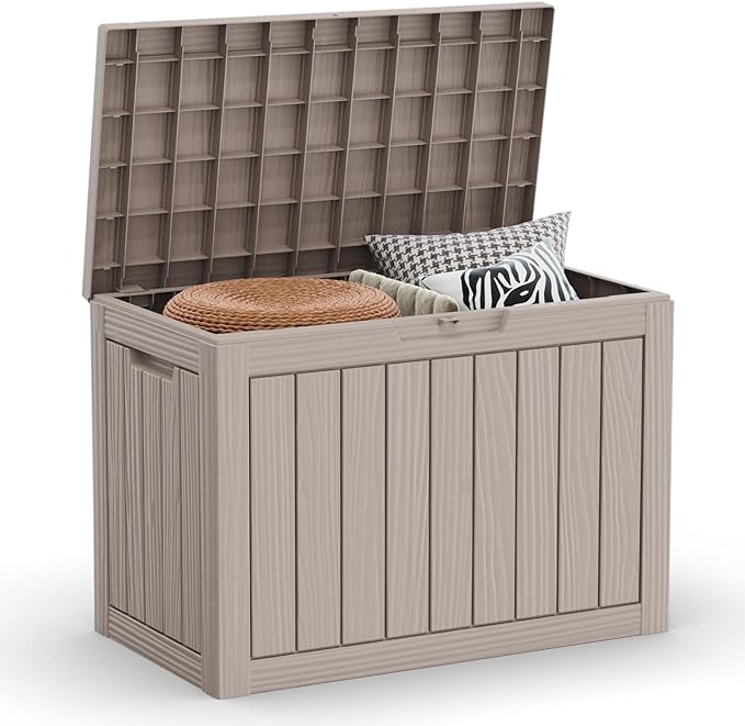 Decksplore 45 Gallon Outdoor Storage Box Waterproof Lockable Resin Deck Box Large, Patio Storage Bin for Pool Accessories Cushion Furniture, Garden Tools, UV-Resistant Outside Delivery Light Coffee