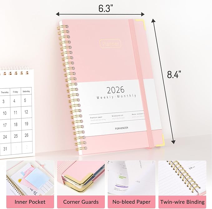 Forvencer 2026 Planner, Hardcover Calendar Planner Weekly and Monthly, Jan 2026 - Dec 2026, 6" x 8", Spiral Agenda Book with Tabs, Exquisite Daily Journal Organizer for Home School, Light Blue