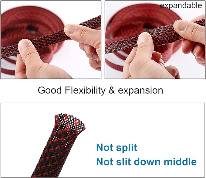 100ft - 1/2 inch PET Expandable Braided Sleeving – BlackRed – Alex Tech Braided Cable Sleeve