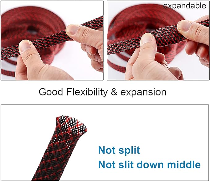 100ft - 3/4 inch PET Expandable Braided Sleeving – BlackRed – Alex Tech Braided Cable Sleeve