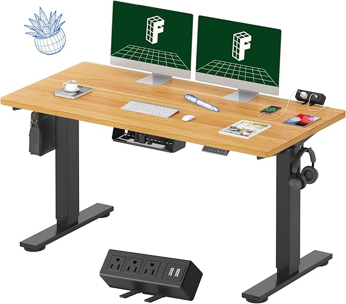 FLEXISPOT EN2 Whole-Piece Standing Desk with Clamp Power Strip, 55 x 28 Electric Stand Up Height Adjustable Desk with Cable Management (Black Frame + 55" Maple Top, 2 Packages)