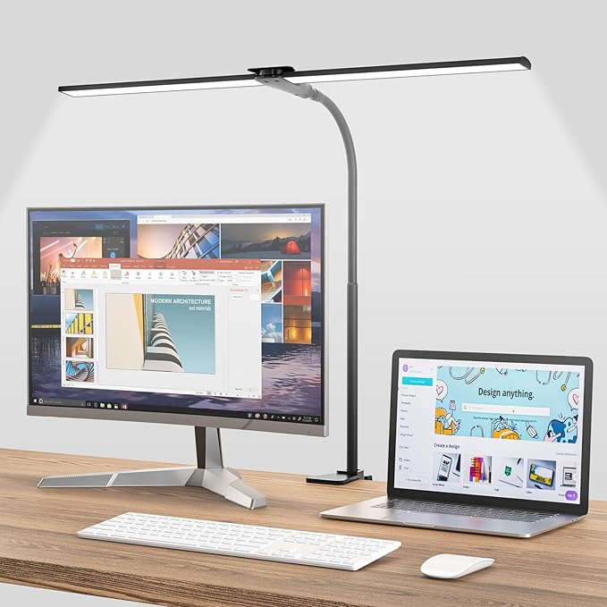 Hensam Desk Lamp for Home Office, Double Head Desk Light with Clamp, Dimmable 5 Color Modes Task Lighting, Eye-Caring Architect Table Lamp for Workbench, Dual Monitor, Study, 1400lm