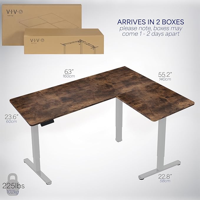 VIVO Electric Corner 63 x 55 inch L-Shaped Standing Desk, Memory Height Adjustment, Rustic Vintage Brown Top Gray Frame, DESK-E3CTGN