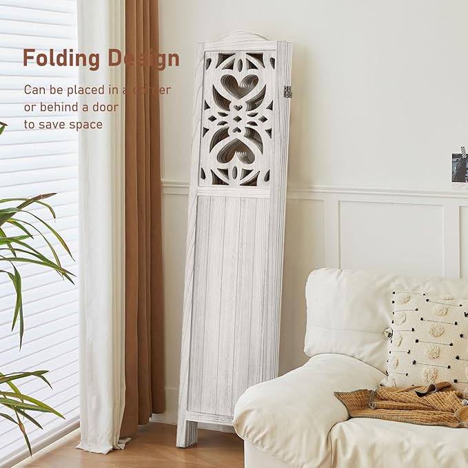ALeesing 4 Panel Room Divider Fully Assembled, Carved Room Dividers and Folding Screens, 5.6Ft Wood Room Divider Screen Freestanding Partition Wall Dividers for Home Bedroom Office, Rustic White