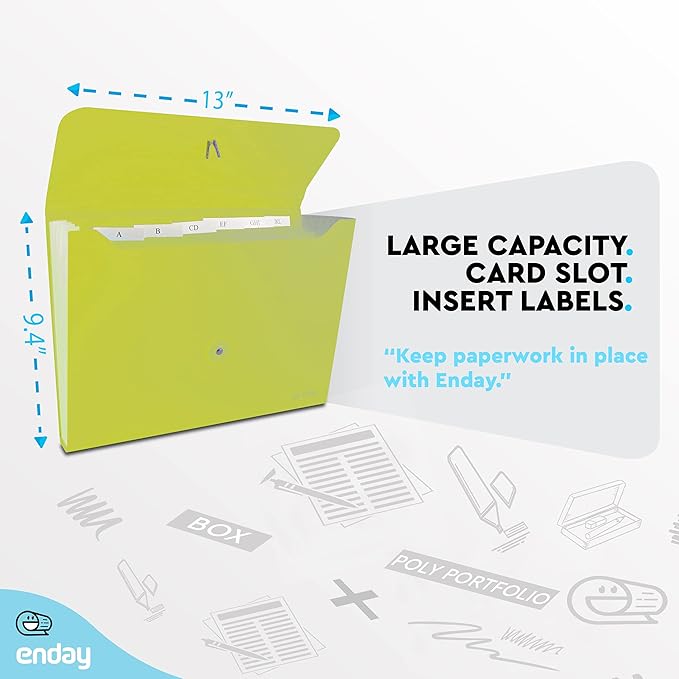 Accordion File Organizer Green, 7 Pocket Expanding File and Cover Folder with Labels, Plastic Portable Desktop Letter A4 Paper, Also Available in Red, Blue, Purple, Pink, Grey, 1 Pc – by Enday