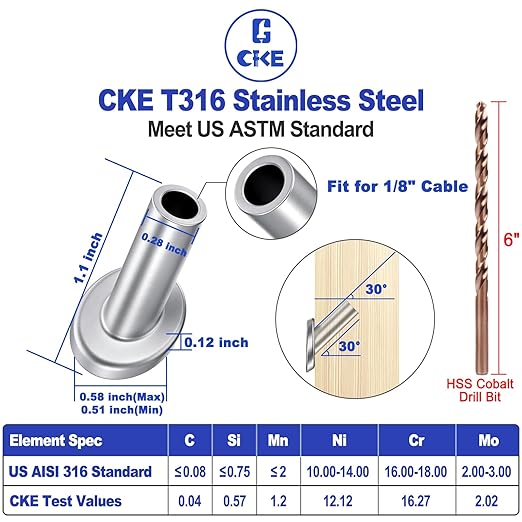 [Patent]CKE 40 Pack T316 Marine Grade Stainless Steel 30 Degree Angle Beveled Protector Sleeves Wood Post Protector for 1/8" Wire Rope Cable Railing, DIY Balustrade, 30 Degree Protective Sleeves, CR30
