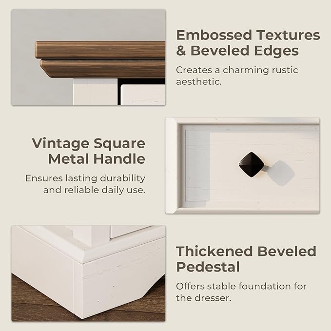 VVFLU Farmhouse 6 Drawer Dresser, 48" Tall White Dresser with Natural Texture & Metal Handles, Storage Drawer Chest for Bedroom, Living Room, Hallway, Vintage Design (Antique White)