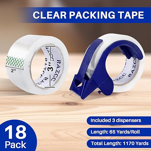 RAZCC Clear Packing Tape, 18 Rolls Heavy Duty Packaging Tape with Dispensers for Packing Shipping Moving and Sealing, Thicker Packing Tape-2" x 65 Yards Per Roll, 1170 Total Yards