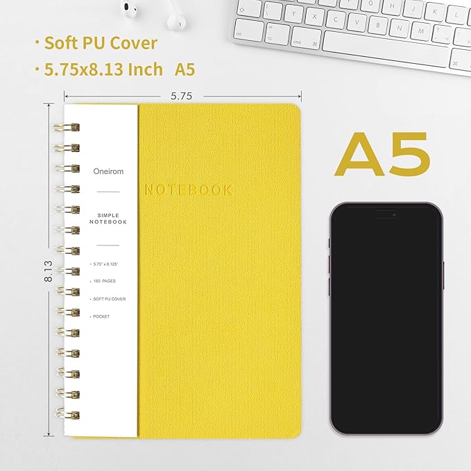 Oneirom Spiral Notebook-6.10" x 8.19" College Ruled Journal with Inner Pockets and 160 Pages,PU Leather Cover Business Journal, Twin-Wire Binding Notebook Perfect for Office & Home School Supplies