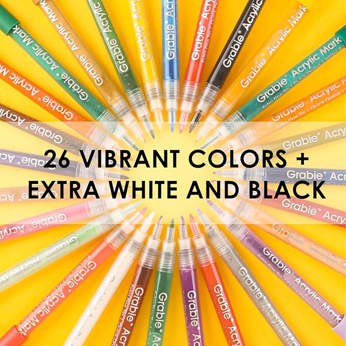 Grabie Acrylic Paint Pens Markers, 28 Colors, 0.7 mm, Extra Fine Tip Drawing Markers, Premium Paint Pens for Painting on Various Surface, Art Supplies, Set of 28