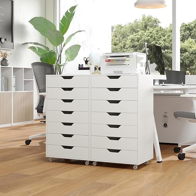 Giantex Drawers Cabinet Mobile Lateral Filing Organizer with 7 Drawers and Wheels Mobile Side Cabinet Chest for Home Office Storage Use 7-Drawer Dresser (19” x 16” x 34.5”, White)