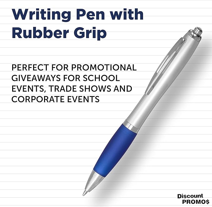 DISCOUNT PROMOS Ballpoint Pens With Rubber Grip, 10 pack, Black Ink Writing Pens in Bulk, Blue