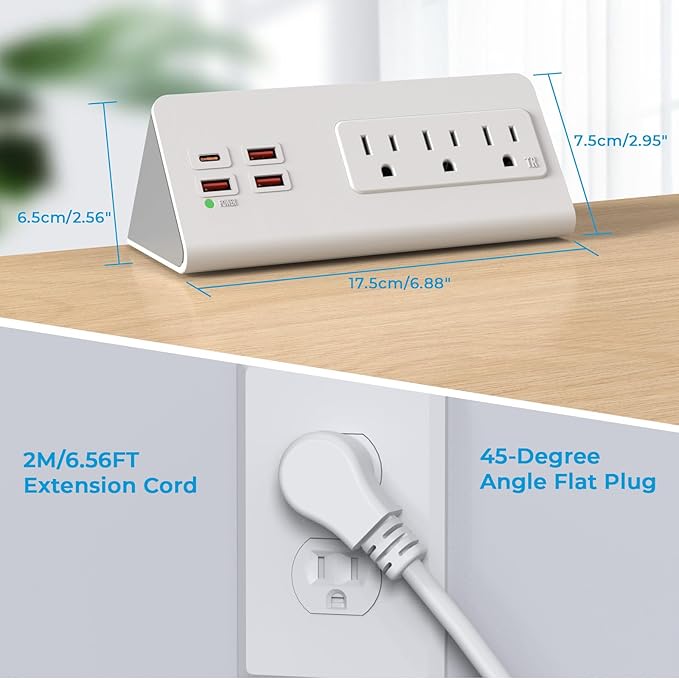 Nightstand Power Strip with USB C, Haiaoyyds Desk Edge Mount Power Hub with 3 Outlets, 4 Fast Charging USB Ports, and 6.56FT Flat Plug Extension Cord for Desk Home Office Accessories, White