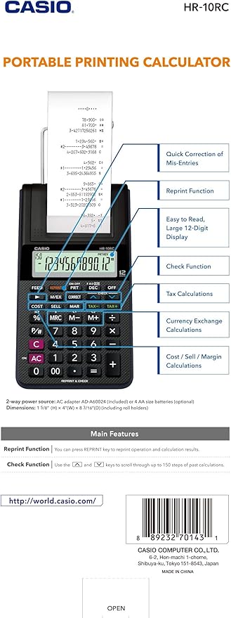 Casio HR-10RC Mini Desktop Printing Calculator | Portable | 12-Digit Display | One-Color Printer | Tax & Currency | Ideal for Taxes, Bookkeeping & Accounting Tasks, Black