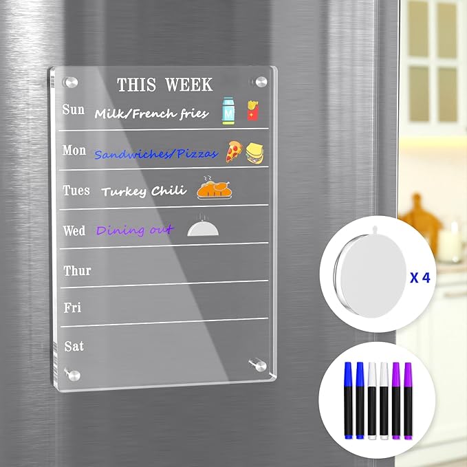 AITEE Acrylic Weekly Calendar for Fridge, Clear Magnetic Weekly Meal Planner for Refrigerator Reusable Week Planner, Includes 6 Dry Erase Markers with 3 Colors(8"x12"Inches)
