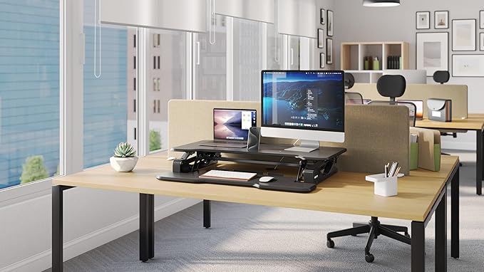 Mount-It! 38" Standing Desk Converter, Desktop Sit-Stand Desk Riser with Gas Spring Height Adjustment, Compact Desk Topper for Dual Monitors or Laptop, Keyboard Tray, Black